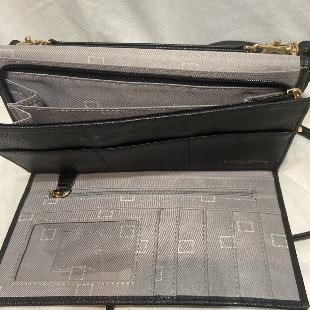 LizClaiborne leather Clutch Purse Shoulder Strap Black Leather multi pockets - Picture 4 of 8